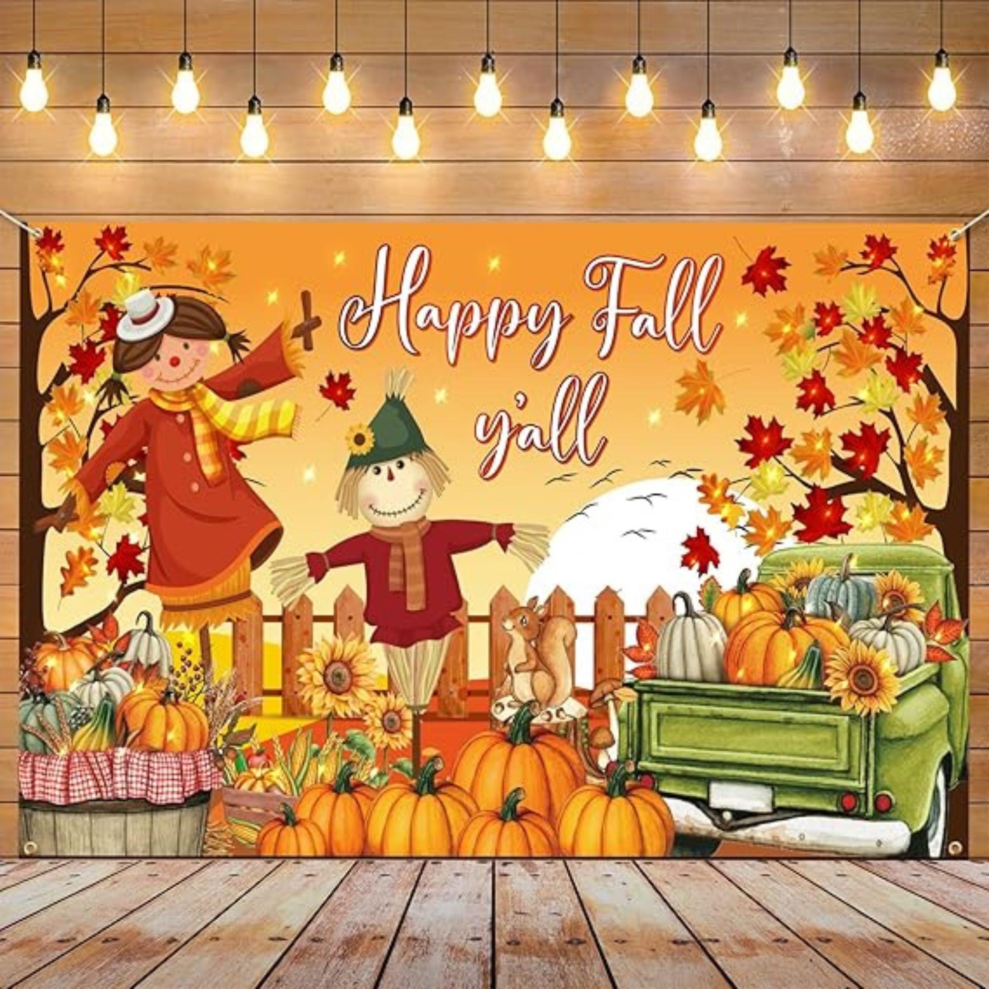 Happy Fall Y’all Backdrop with Scarecrow Maple Leaves for Thanksgiving Decor