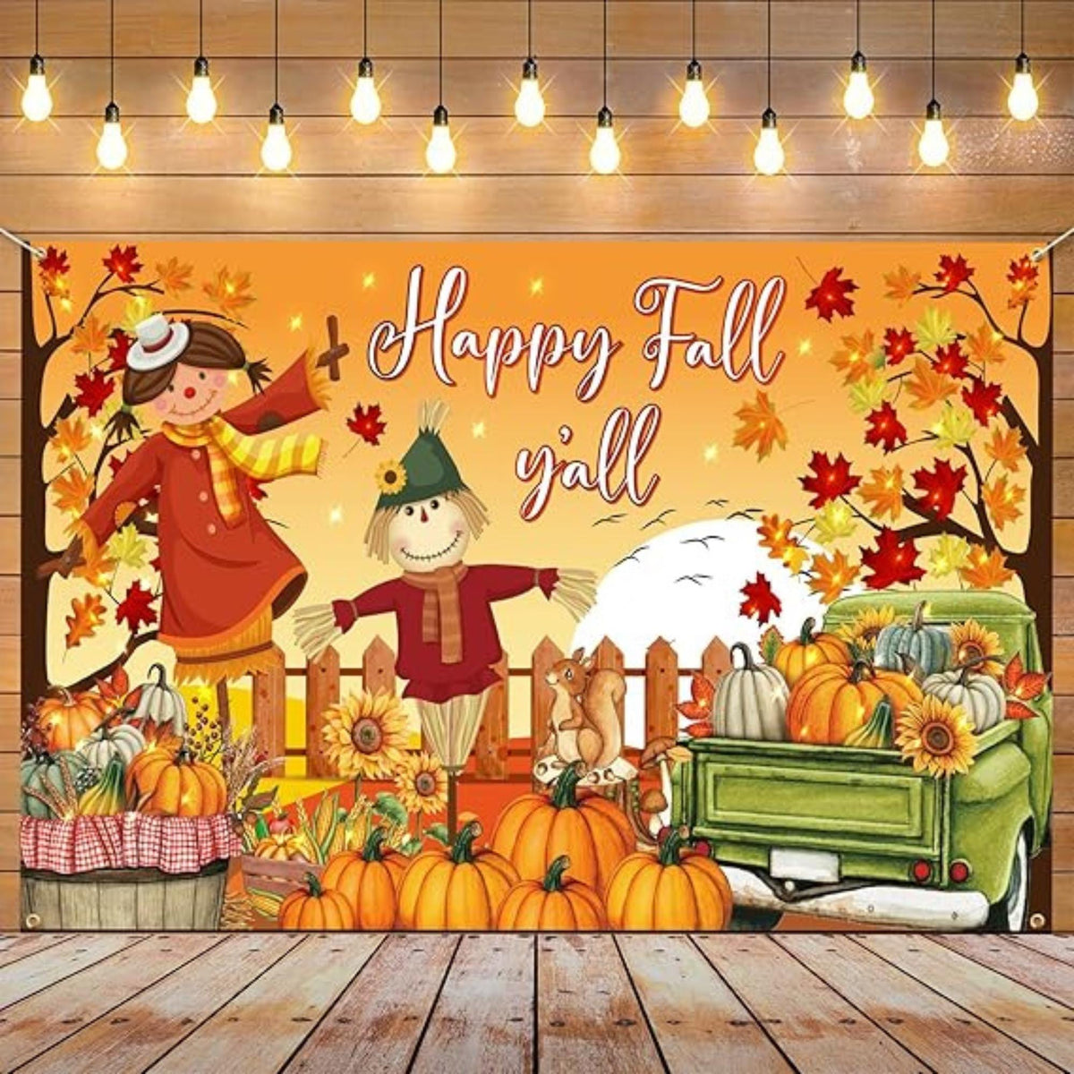 Happy Fall Y’all Backdrop with Scarecrow Maple Leaves for Thanksgiving Decor