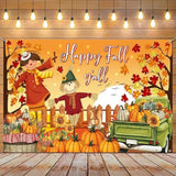 Happy Fall Y’all Backdrop with Scarecrow Maple Leaves for Thanksgiving Decor