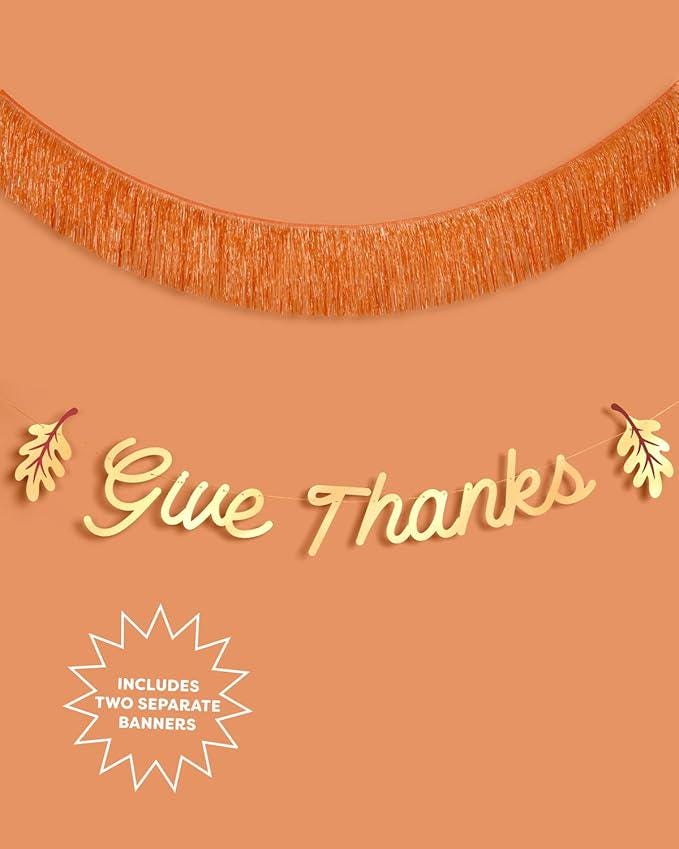 Give Thanks Gold Orange Foil Fringe Banner for Thanksgiving Party Decor 5ft