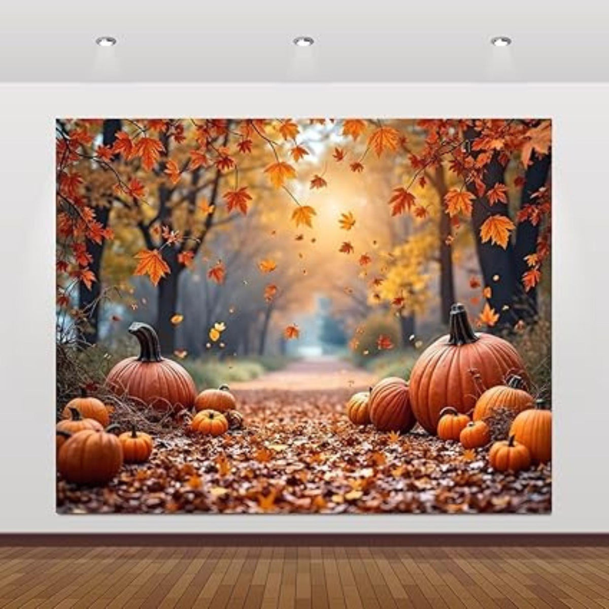10x8ft Fall Thanksgiving Backdrop with Pumpkins Maple Leaves Forest Scene