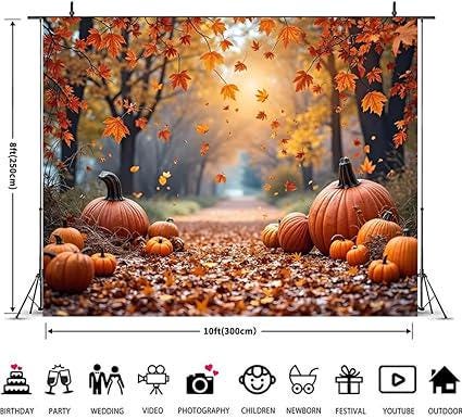 10x8ft Fall Thanksgiving Backdrop with Pumpkins Maple Leaves Forest Scene