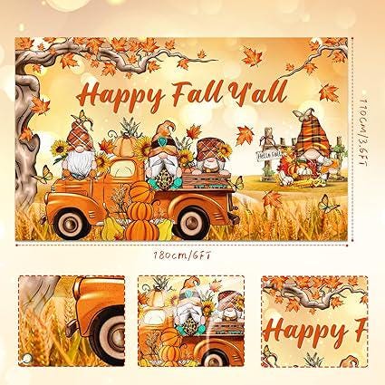 Thanksgiving Banner Backdrop with Gnomes Pumpkins Maple Leaves Fall Decor