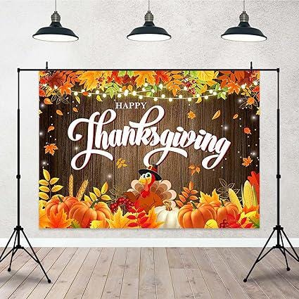 7x5ft Happy Thanksgiving Backdrop with Rustic Wood Turkey and Pumpkin Decor