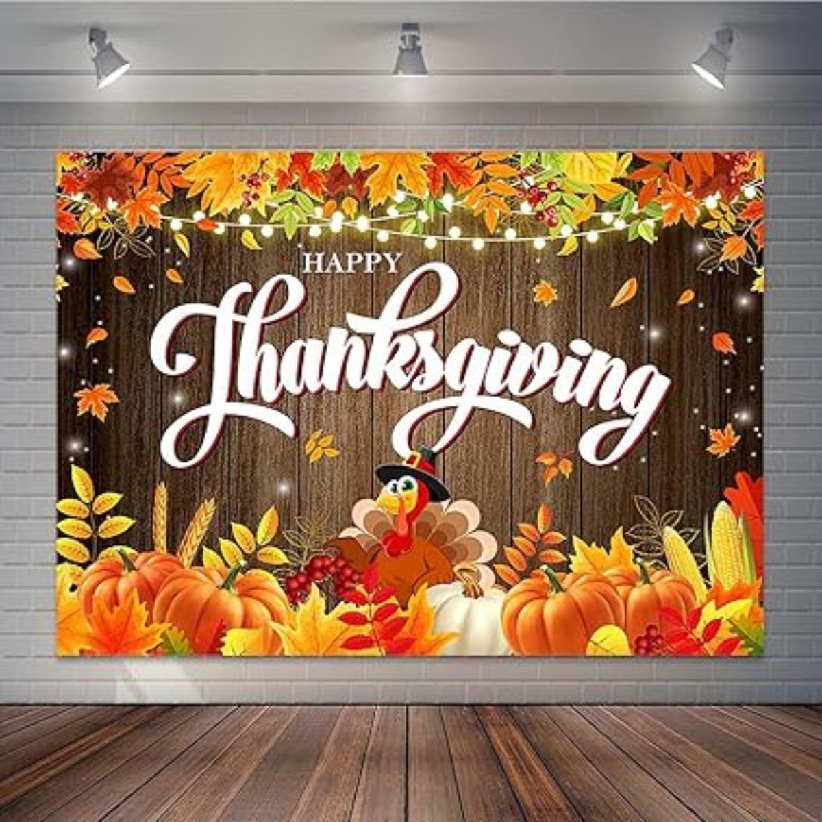 7x5ft Happy Thanksgiving Backdrop with Rustic Wood Turkey and Pumpkin Decor
