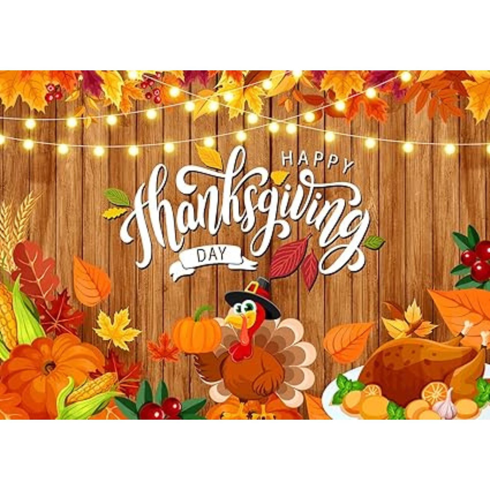 7x5ft Happy Thanksgiving Backdrop with Turkey Pumpkin and Brown Wood Autumn Decor