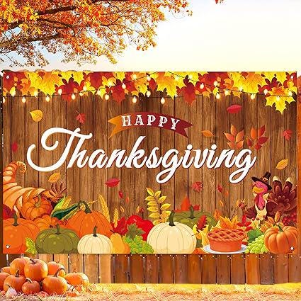 Happy Thanksgiving Banner with Maple Leaves Turkey Pumpkin Decor 71x43in
