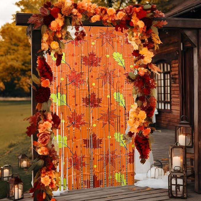 2 Pack Fall Foil Fringe Curtains with Orange Maple Leaves for Thanksgiving Decor