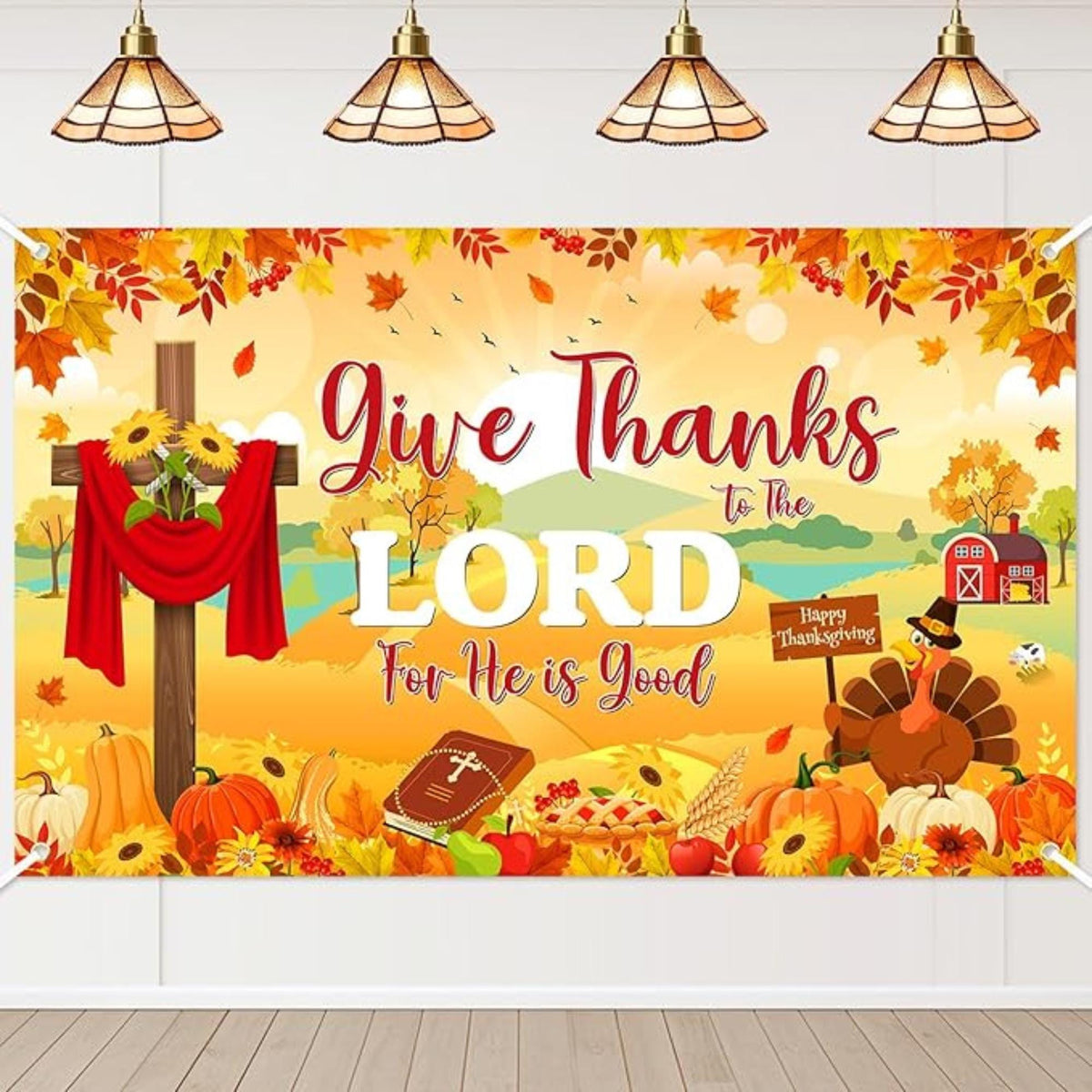6x3.6ft Give Thanks to The Lord Banner with Pumpkins Maple Leaves Christian Decor