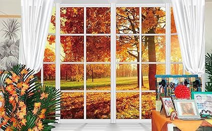 7x5ft Fall Windowsill Backdrop with Forest Maple Leaves for Thanksgiving Photos