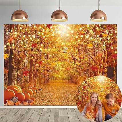 7x5ft Fall Forest Backdrop with Maple Leaves Pumpkins for Thanksgiving Photography