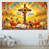 71x43in Fall for Jesus Backdrop with "Never Leaves" Pumpkin Autumn Thanksgiving Decor