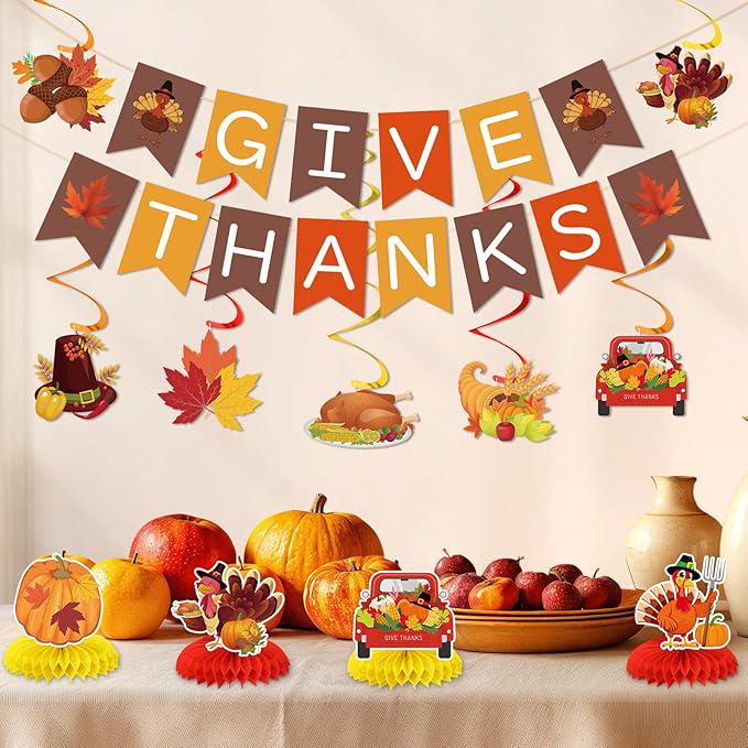 Fall Thanksgiving Party Decoration Set with Give Thanks Banner Maple Leaves and Balloons