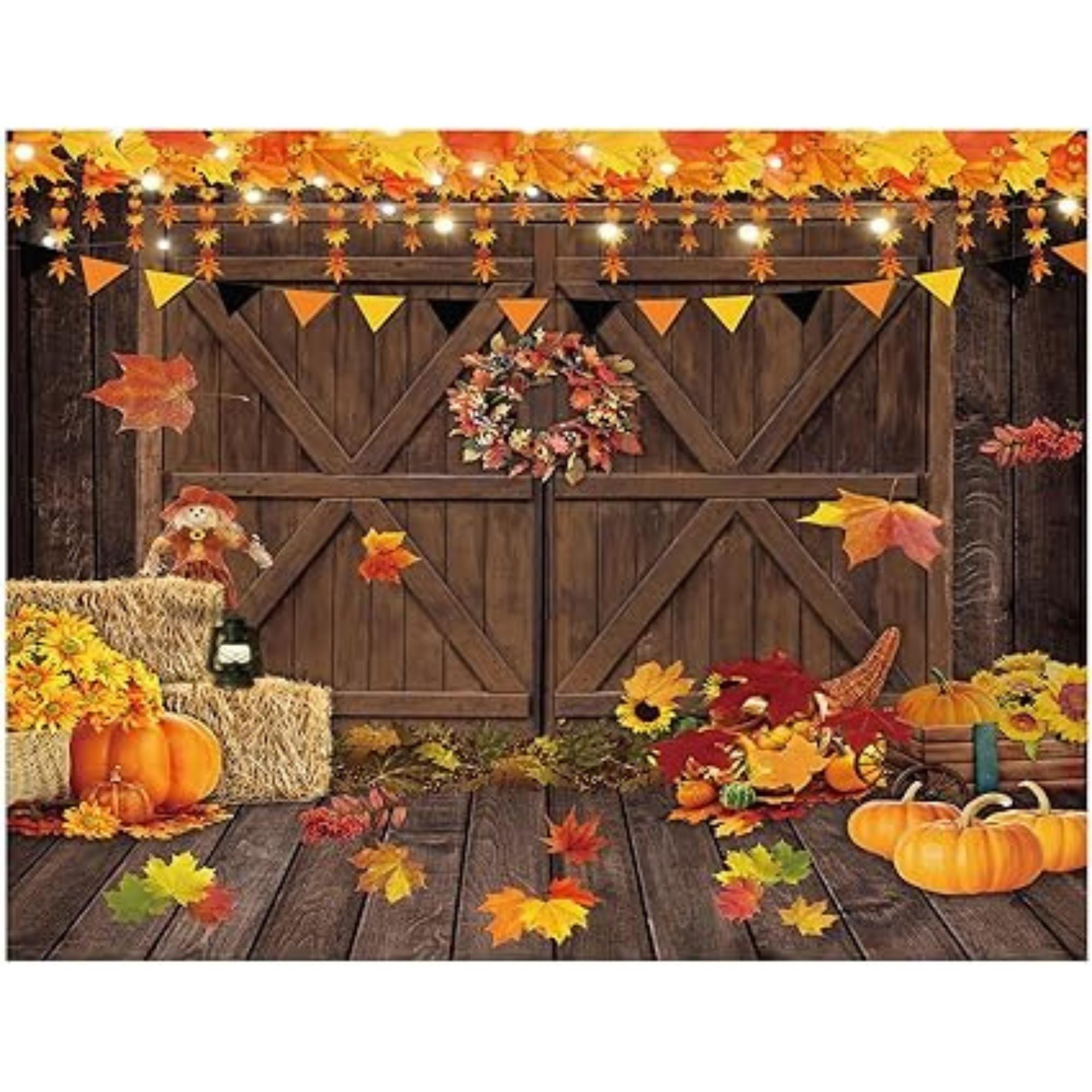 Fall Thanksgiving Photography Backdrop 7x5FT Pumpkin Harvest Maple Leaves Rustic Decor