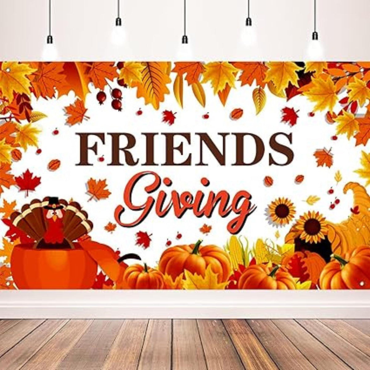 Friendsgiving Banner 71x43 Inch Fall Maple Leaves Turkey Pumpkin Party Decor