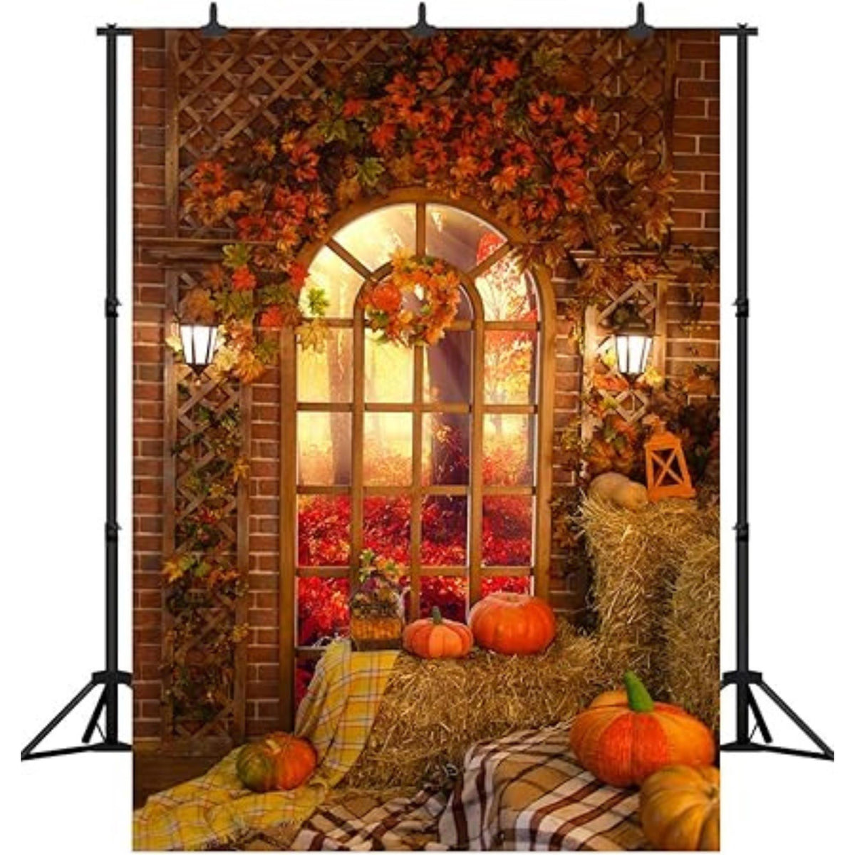 Fall Thanksgiving Photography Backdrop 5x7FT Pumpkin on Haystack for Party Photos