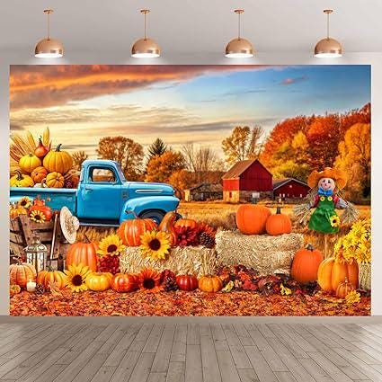 Fall Backdrop 7x5FT Autumn Harvest Pumpkins Maple Leaves Field Thanksgiving Decor