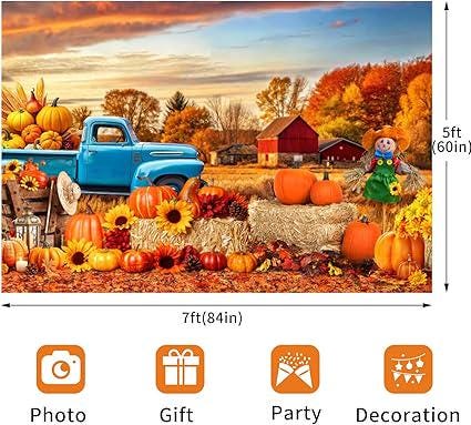 Fall Backdrop 7x5FT Autumn Harvest Pumpkins Maple Leaves Field Thanksgiving Decor