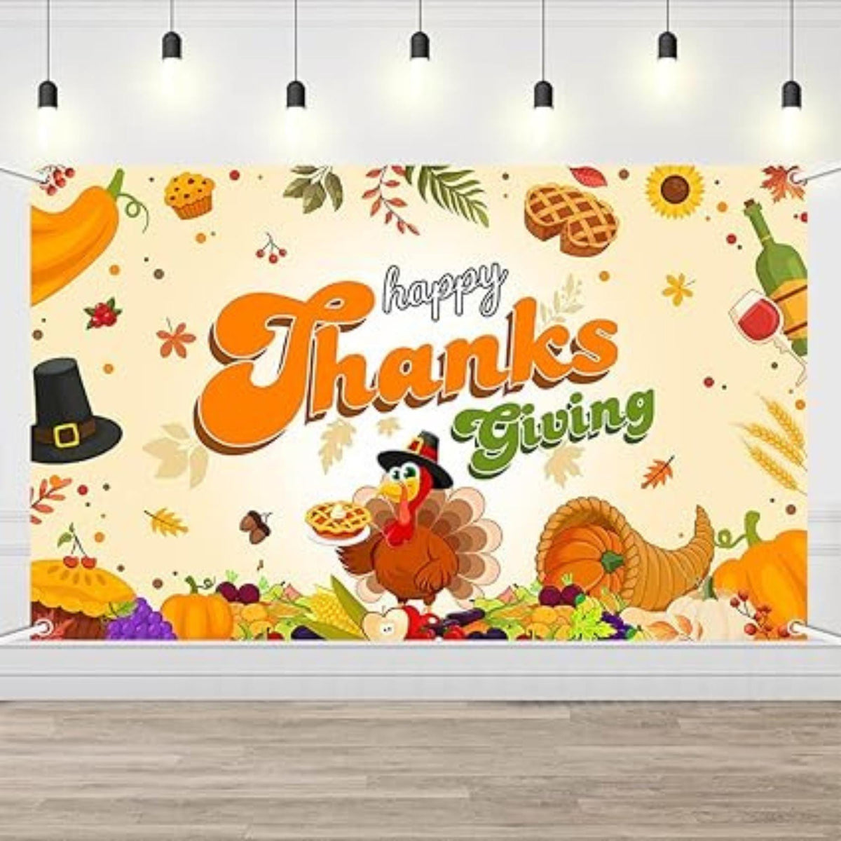 Happy Thanksgiving Backdrop 70x43 Inch Turkey Pie Pumpkin Maple Leaves Fall Party Decor
