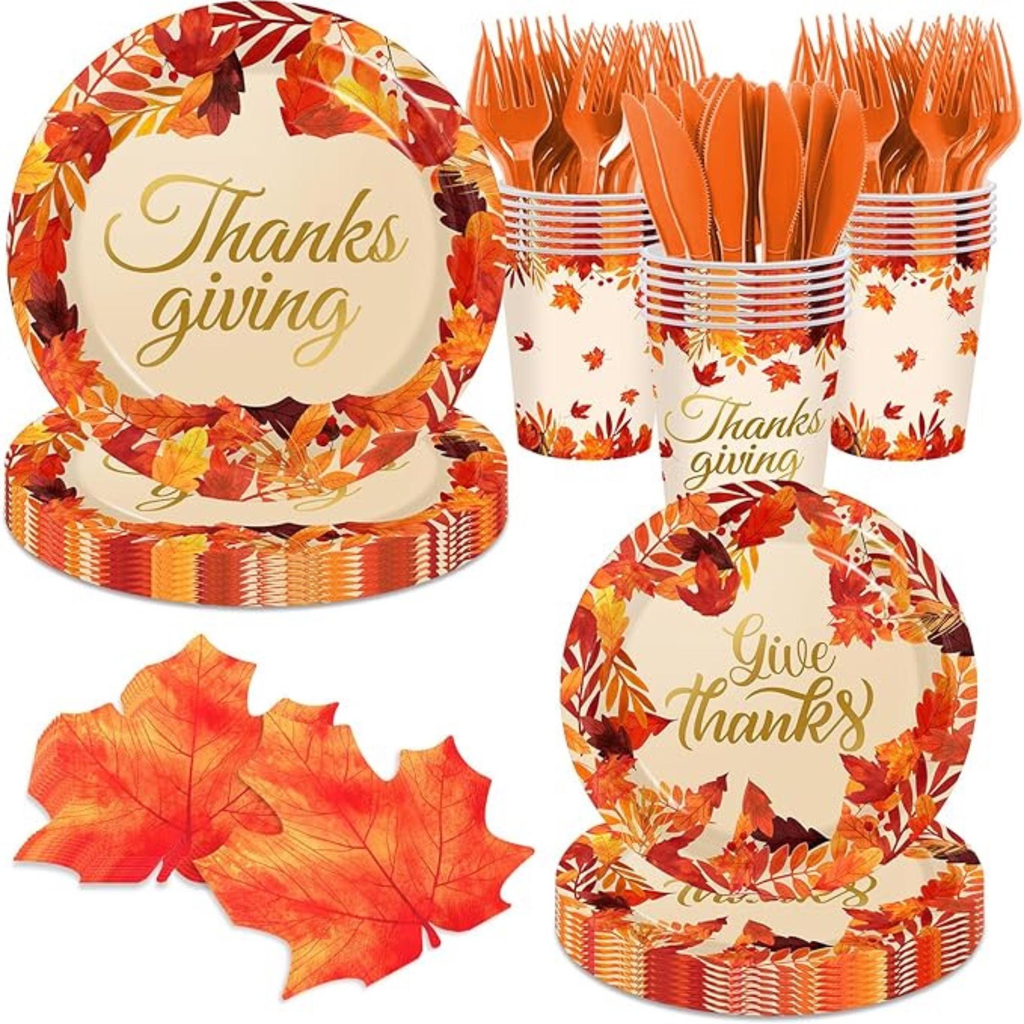 144PCS Thanksgiving Fall Tableware Set - Maple Leaf Plates, Napkins, Cups & Forks