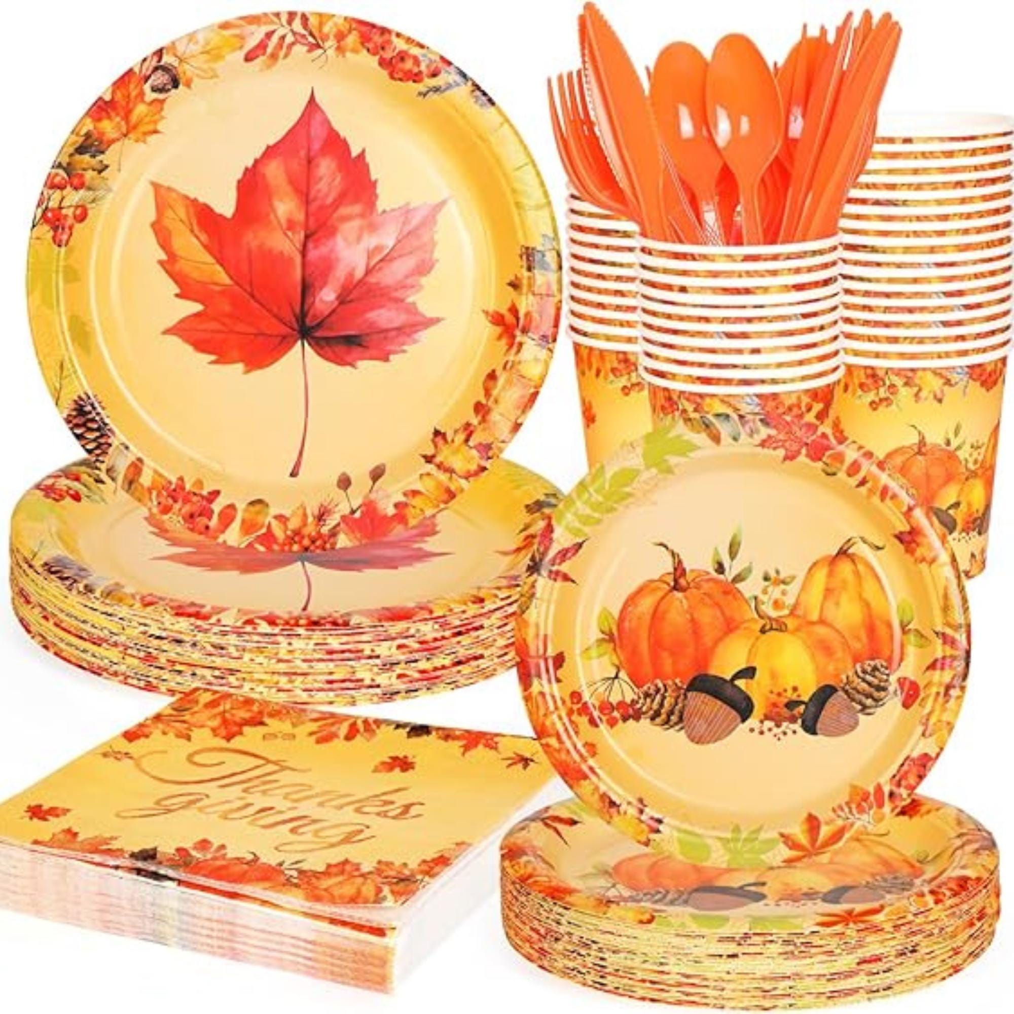 175PCS Fall Maple Leaf Dinnerware Set - Thanksgiving Plates, Cups, Napkins & Cutlery for 25 Guests
