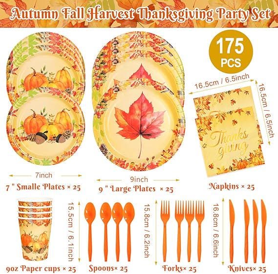 175PCS Fall Maple Leaf Dinnerware Set - Thanksgiving Plates, Cups, Napkins & Cutlery for 25 Guests