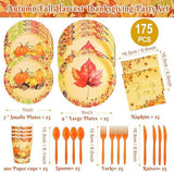 175PCS Fall Maple Leaf Dinnerware Set - Thanksgiving Plates, Cups, Napkins & Cutlery for 25 Guests