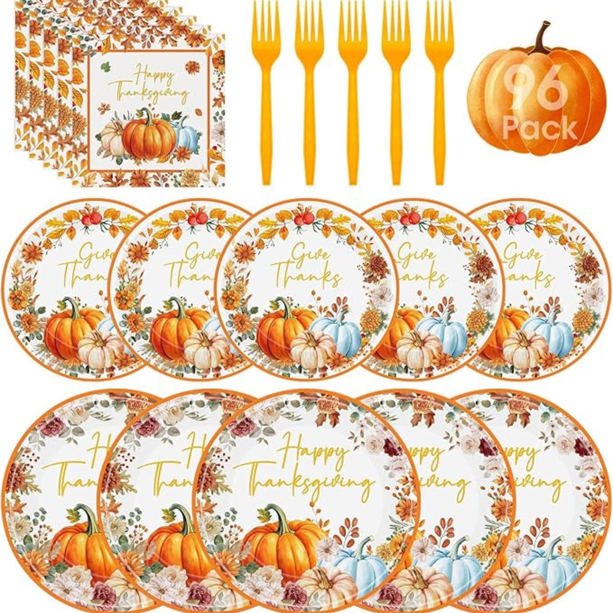 Thanksgiving Tableware Set: Fall Leaf Pumpkin Plates, Napkins, Forks - 24 Guests
