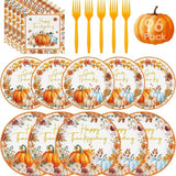 Thanksgiving Tableware Set: Fall Leaf Pumpkin Plates, Napkins, Forks - 24 Guests