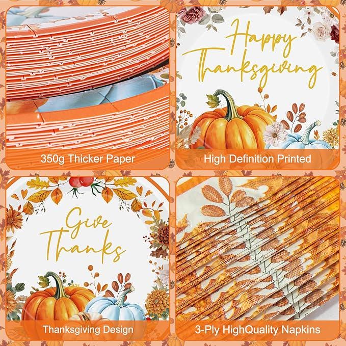 Thanksgiving Tableware Set: Fall Leaf Pumpkin Plates, Napkins, Forks - 24 Guests