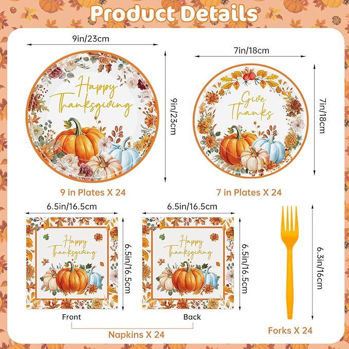Thanksgiving Tableware Set: Fall Leaf Pumpkin Plates, Napkins, Forks - 24 Guests