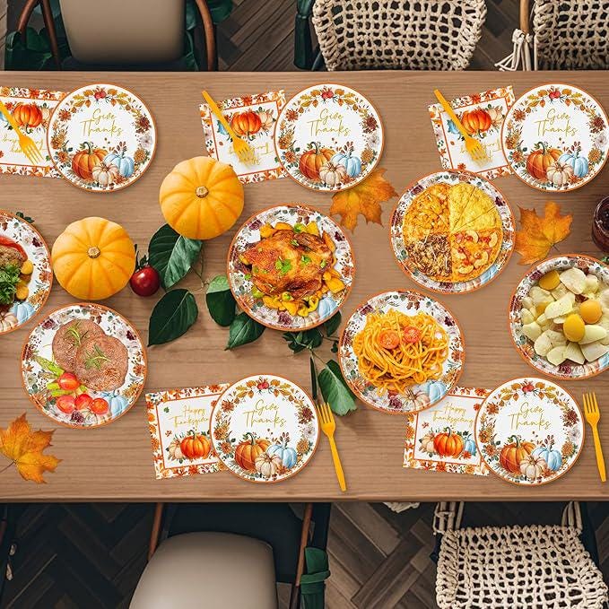 Thanksgiving Tableware Set: Fall Leaf Pumpkin Plates, Napkins, Forks - 24 Guests