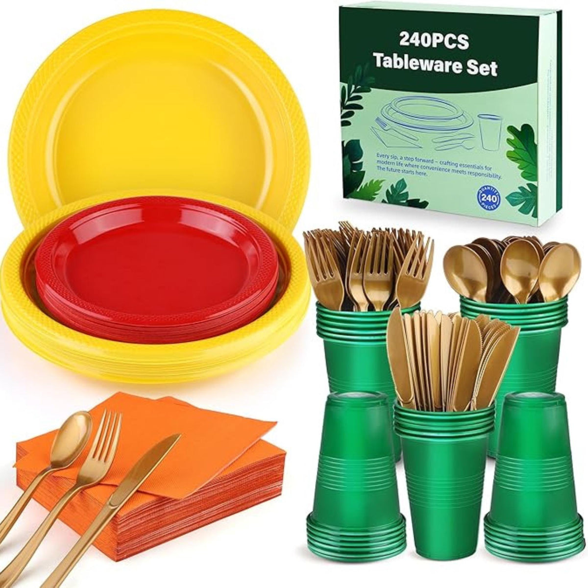 240PCS Fall Plastic Dinnerware Set with Plates Cups Napkins and Silverware for 30 Guests