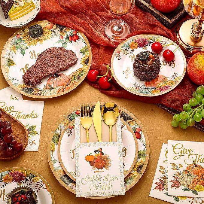 264pcs Thanksgiving Dinnerware Set Plates Napkins Cutlery Fall Harvest Decor