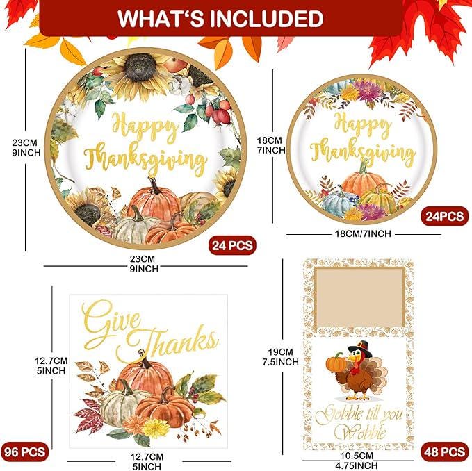 264pcs Thanksgiving Dinnerware Set Plates Napkins Cutlery Fall Harvest Decor