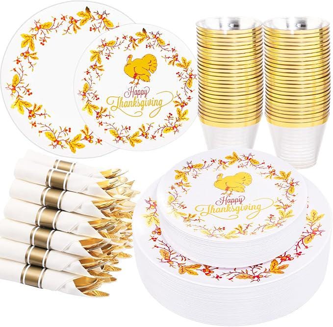 175pcs Thanksgiving Disposable Dinnerware Set Plates Cups Napkins Silverware