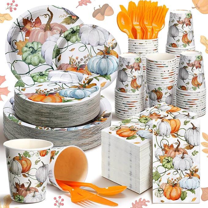 400pcs Fall Party Dinnerware Set Plates Napkins Cups Cutlery Autumn Pumpkin