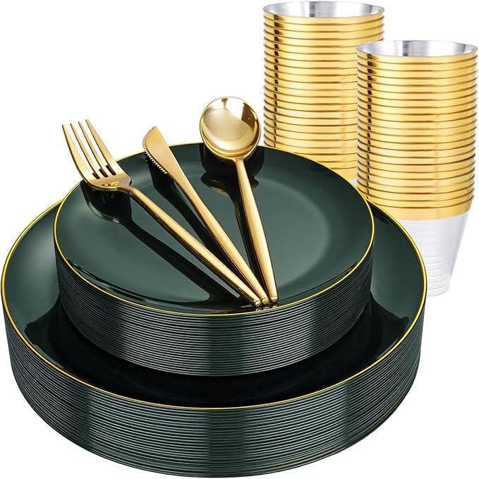 150pcs Green and Gold Disposable Plates Cutlery Cups Set for Party and Christmas