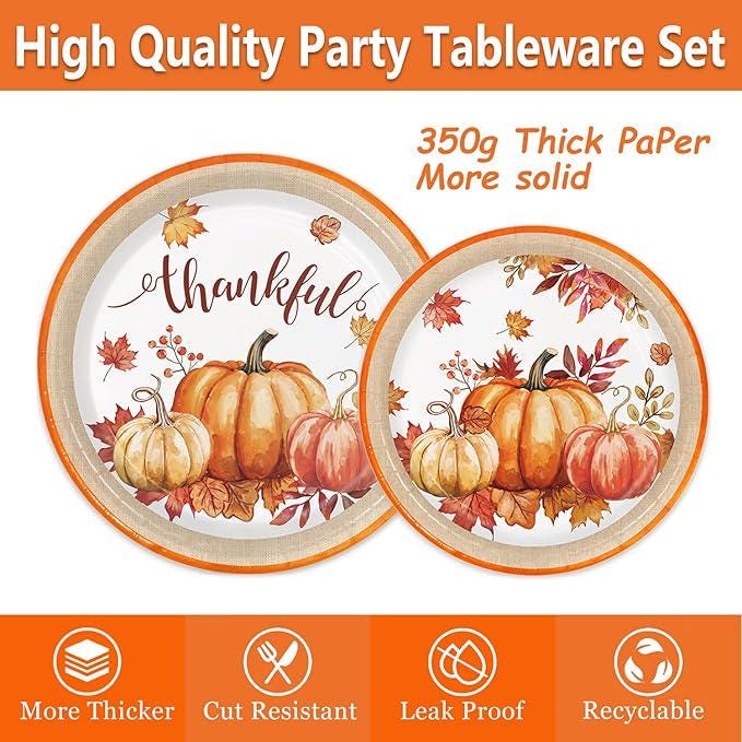 Autumn Thanksgiving Party Dinnerware Set Plates Cups Napkins Cutlery for 24 Guests