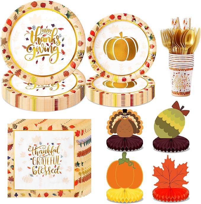 196pcs Thanksgiving Dinnerware Set Plates Napkins Cups Tableware Centerpieces