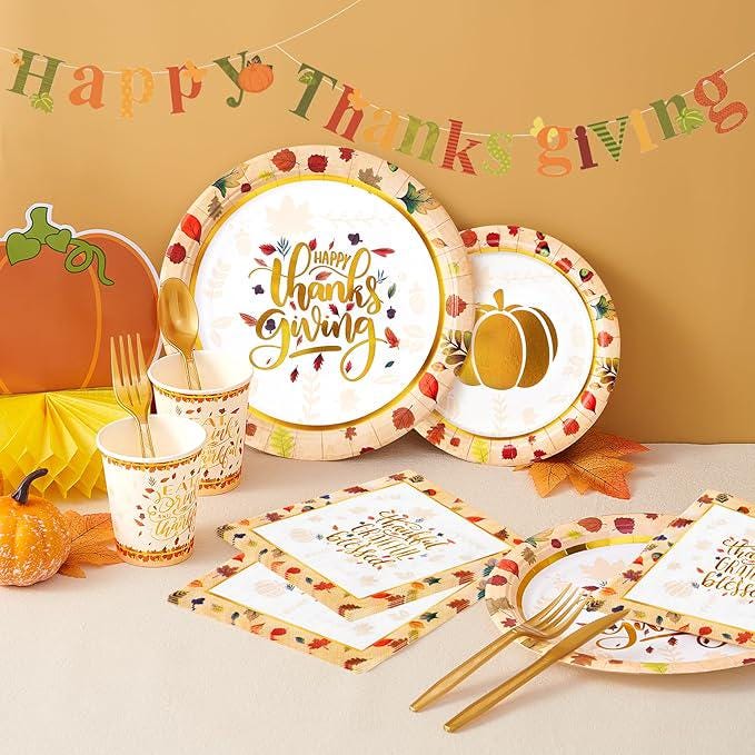 196pcs Thanksgiving Dinnerware Set Plates Napkins Cups Tableware Centerpieces