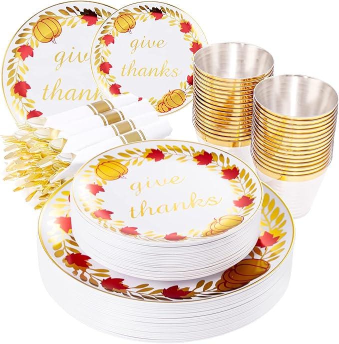 175pcs Thanksgiving Disposable Plates Set Gold Cutlery Cups Napkins Fall Party