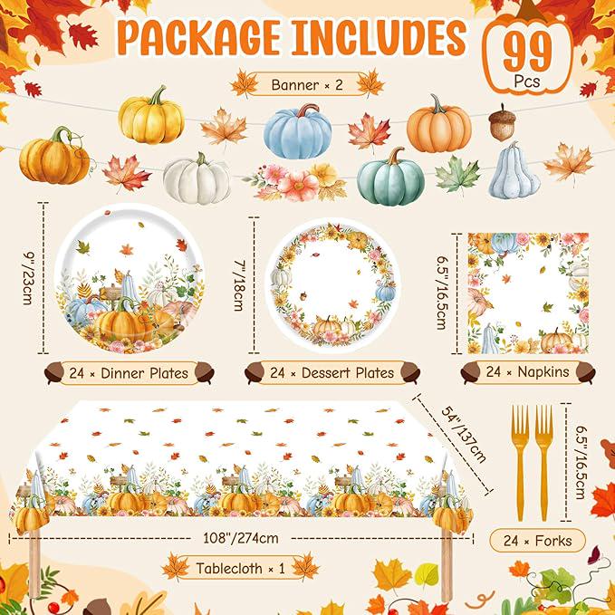 99pcs Fall Thanksgiving Plates Napkins Party Set Pumpkin Leaves Tableware Decor