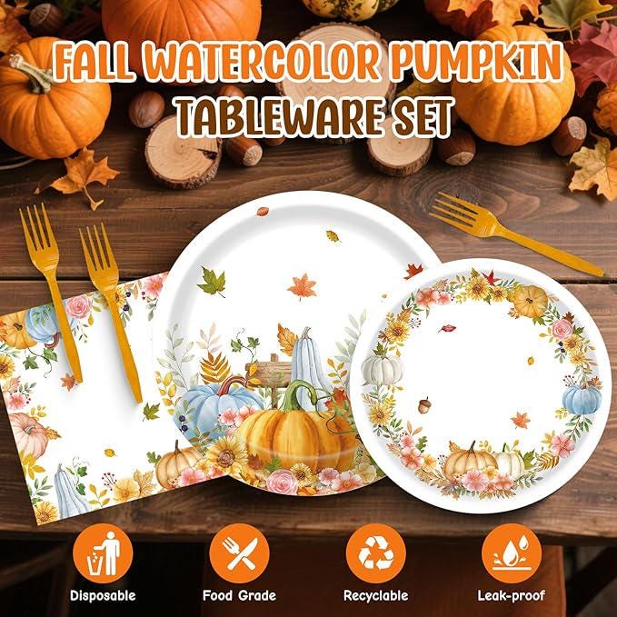 99pcs Fall Thanksgiving Plates Napkins Party Set Pumpkin Leaves Tableware Decor