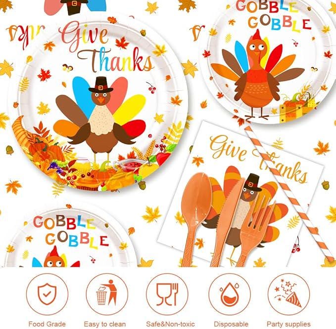 194pcs Thanksgiving Party Tableware Set Plates Napkins Tablecloth for 24 Guests