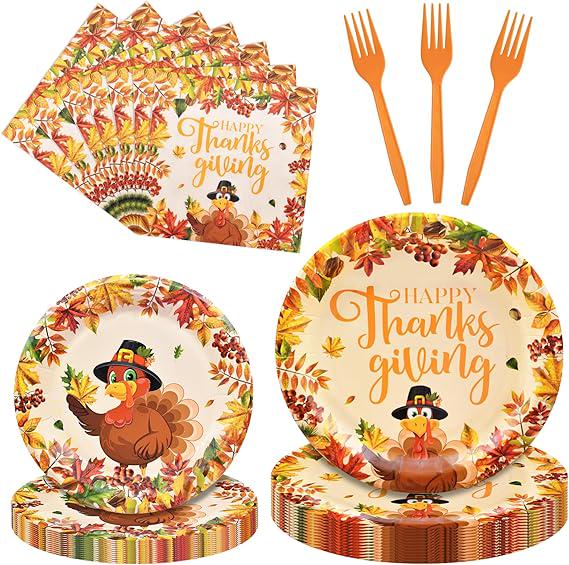 100pcs Thanksgiving Turkey Tableware Set Plates Napkins Forks for Fall Party