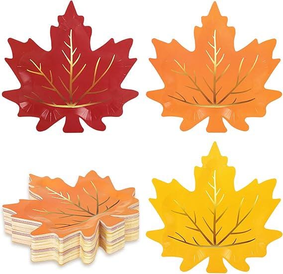 30pcs Thanksgiving Fall Leaf Paper Plates Gold Foil Autumn Leaves Party Decor