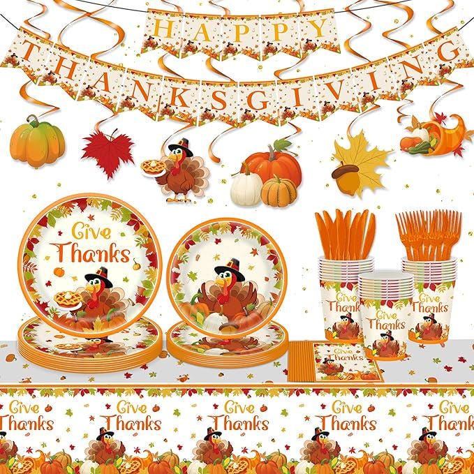 Thanksgiving Party Supplies: 132 Pcs Friendsgiving Tableware - Plates, Cups & Napkins