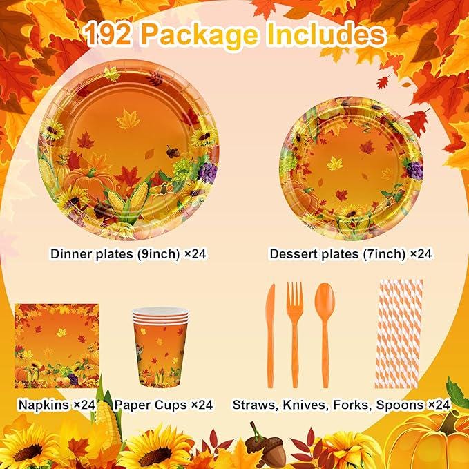 Fall Thanksgiving Tableware Set: 192 Pcs Plates, Napkins & Forks - Serves 24