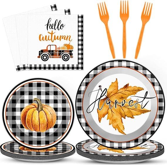 Thanksgiving Tableware Set: 100 Pcs Plates, Napkins & Forks for 25 Guests